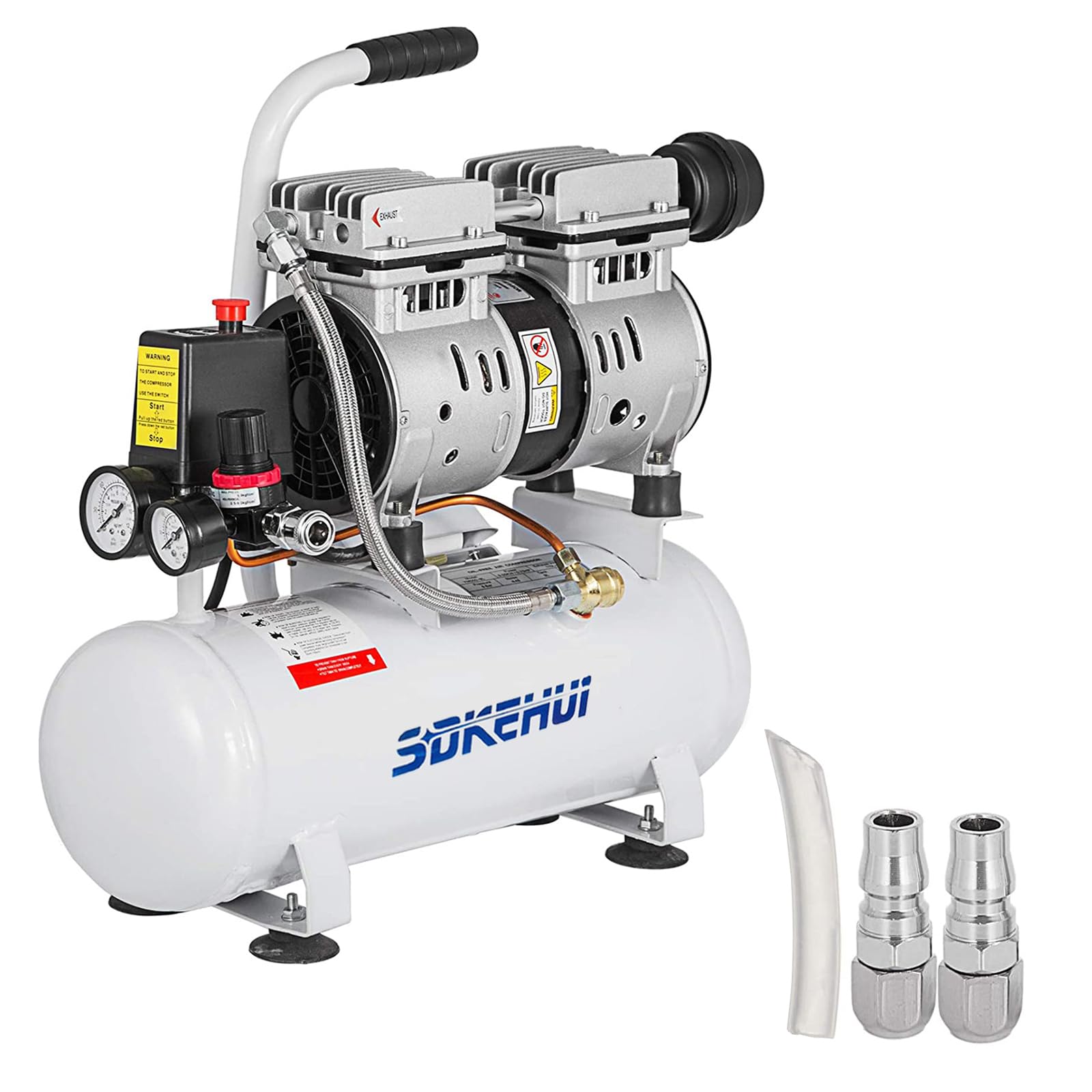 Flüsterkompressor 9 L, Leise Ölfrei Kompressor 550 W, Ölfrei Luftkompressor 58 dB, Druckluftkompressor 220 V, Silent Druckluft Kessel 110 L/min Abgasvolumen, mit Eingebautem Abluftventilator