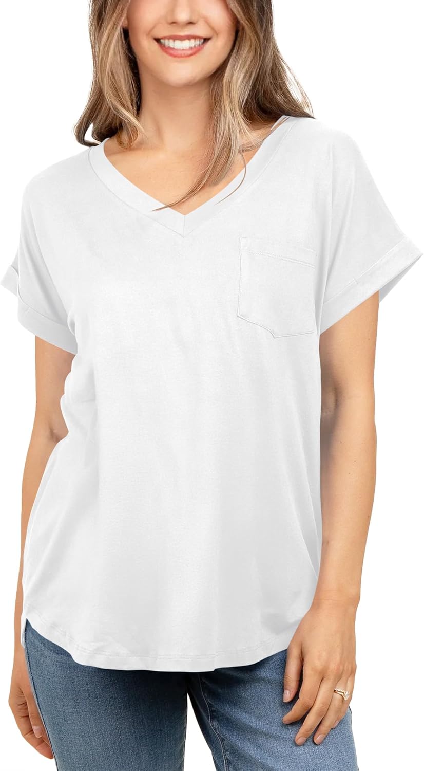 liher Women’s Summer Casual V Neck Solid Color Basic Tees Rolled Up Short Sleeve T Shirt Top