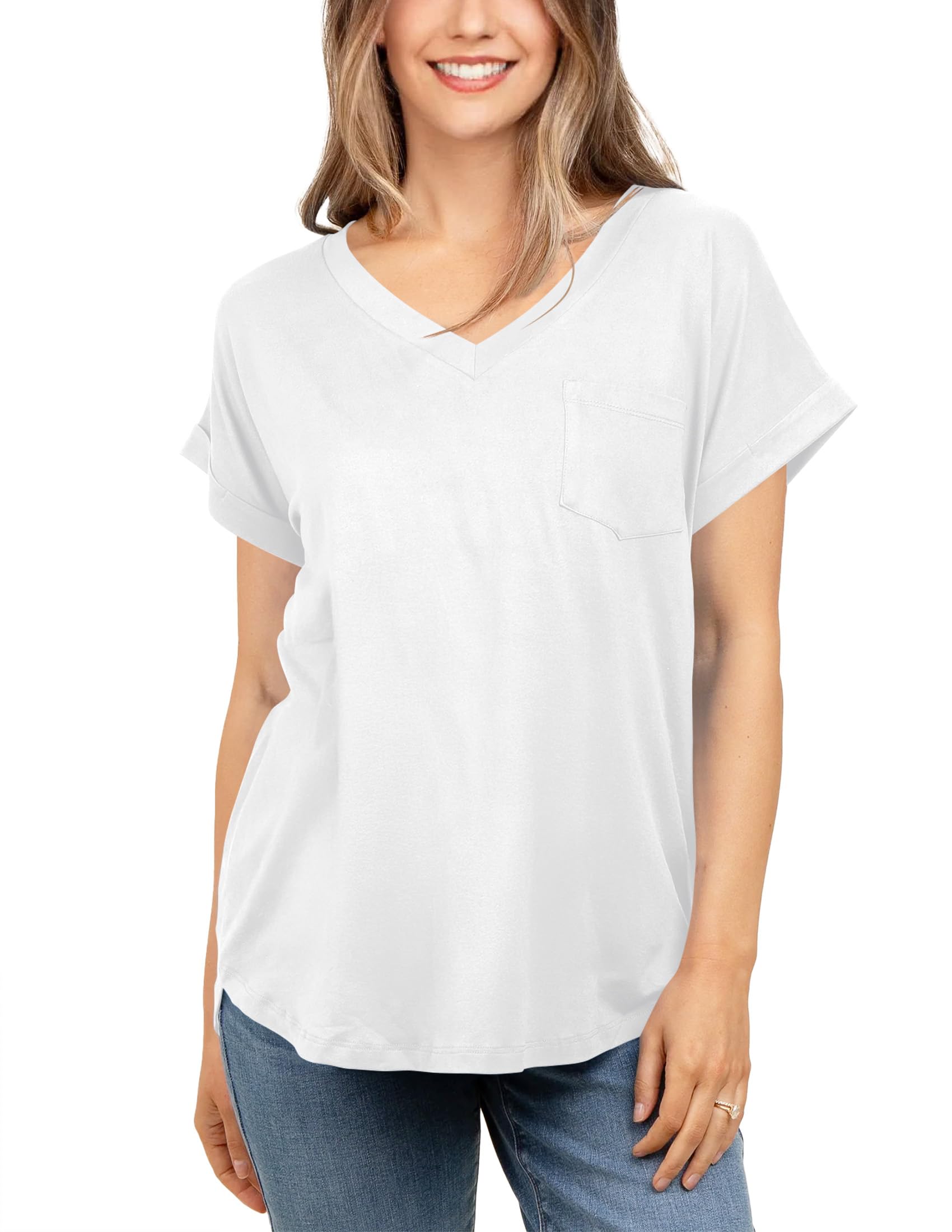 liher Women's Summer Casual V Neck Solid Color Basic Tees Rolled Up Short Sleeve T Shirt Top