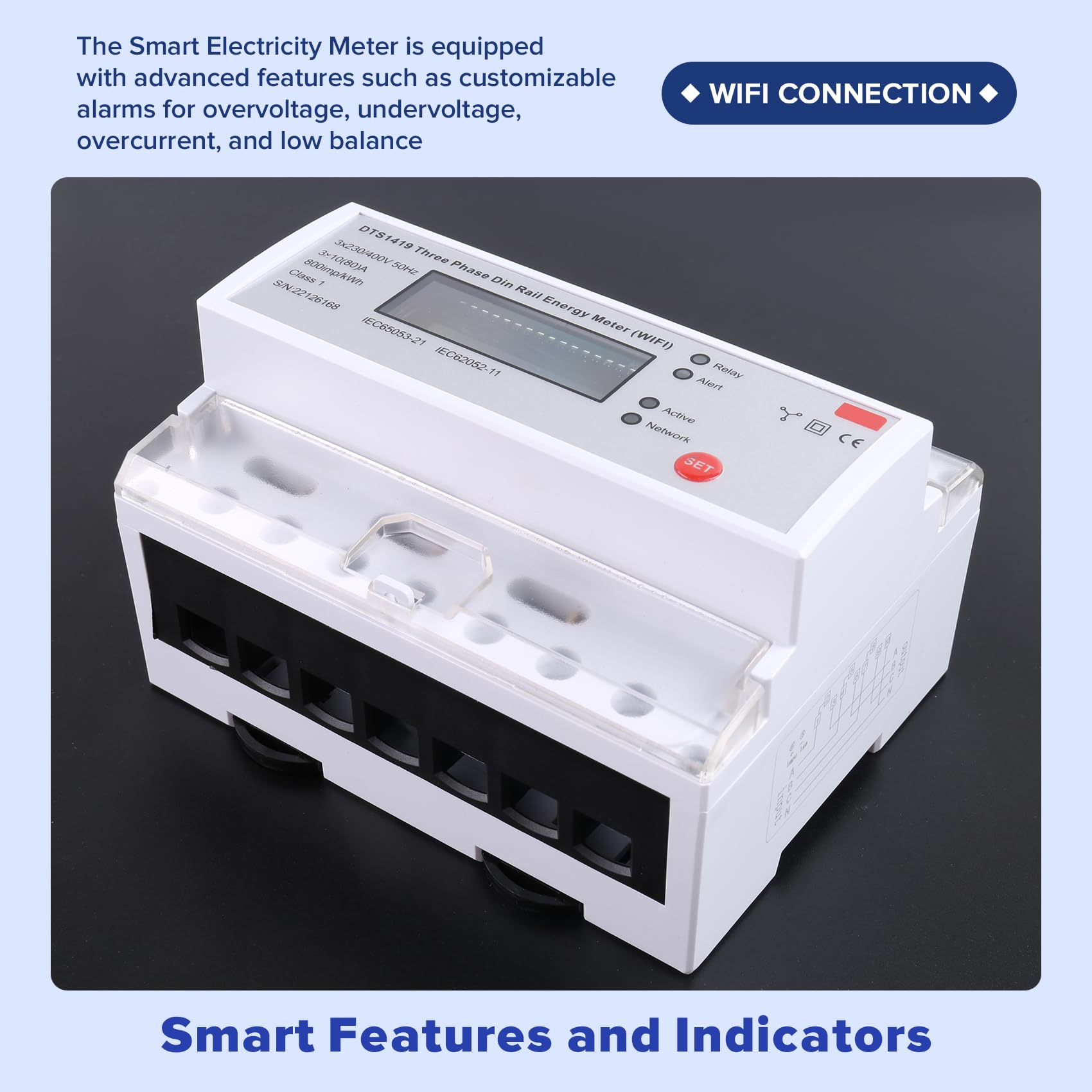 Medidor de Electricidad Inteligente con Wifi, Prepago, Remoto, Multifuncional, Trifásico, Tipo Riel, para el Hogar.