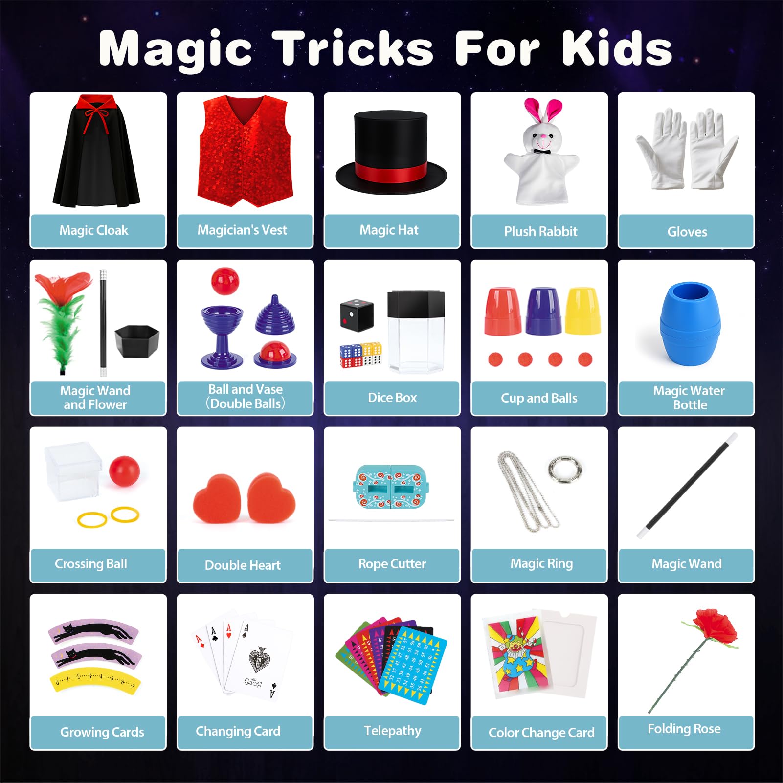 DINORUN Giochi di Magia per Bambini Giochi Bambini con Cappello Magico & Istruzioni & Costume da Mago per Bambini – Gioco di Ruolo Immaginario, Regalo Bambini 6 7 8 9 10 11 12 Anni