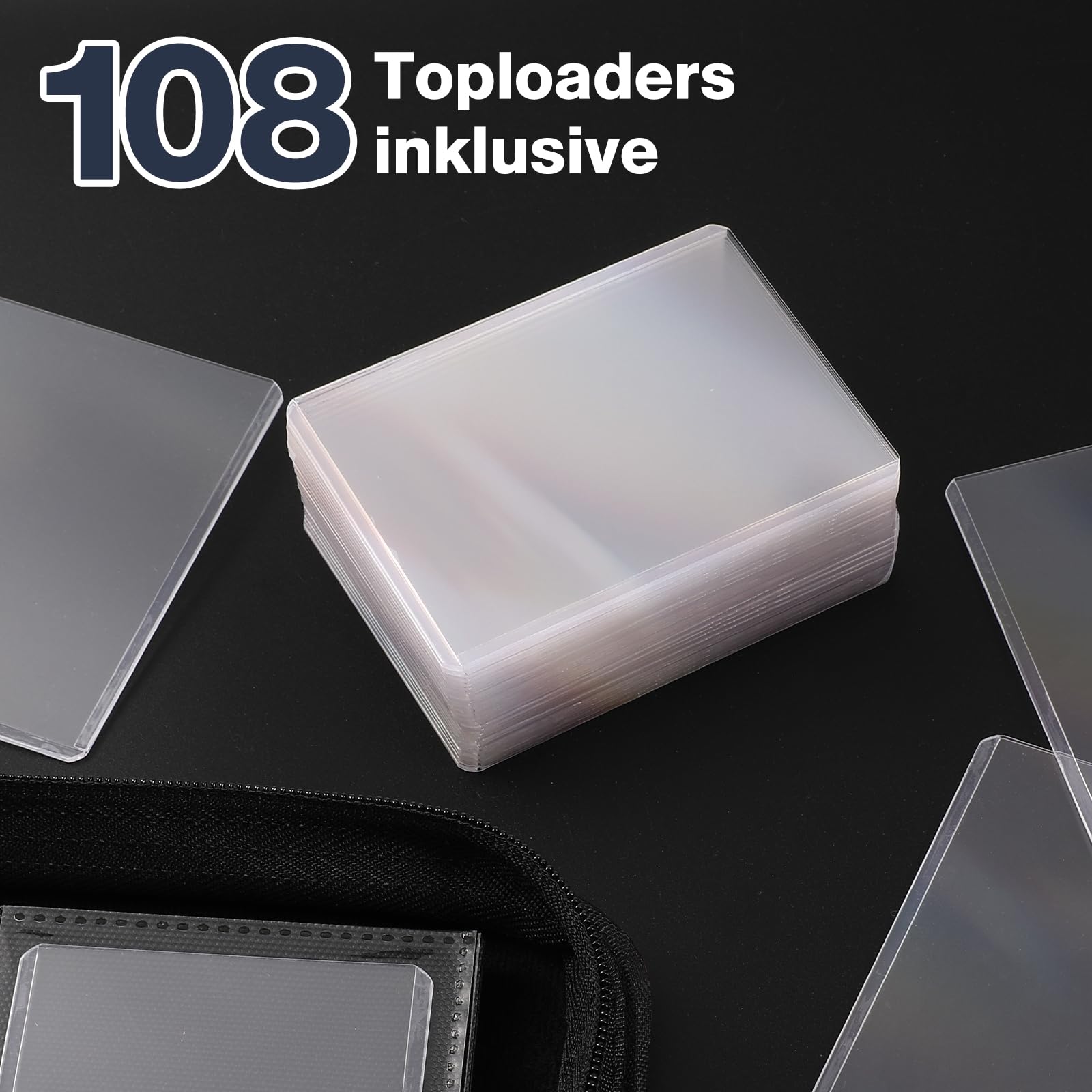 Toploader Sammelkarten Album für 288 Toploader, 108 Toploaders Inklusive, Premium-PU-Cover Kartenordner für 3" x 4" Rigid Toploader, Ringloses beidseitiges Toploader-Sammelalbum für TCG & Sportkarten