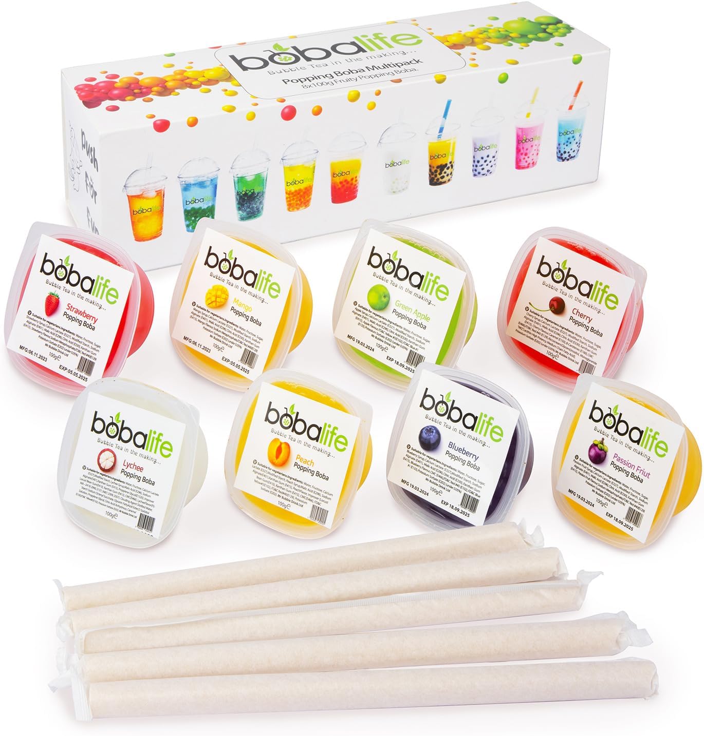 Bobalife Bubble Tea Popping Boba Gift Box – 8 Fruity Flavours (8 x 100g) – Vegan & Gluten-Free Pearls for Drinks, Desserts, Smoothies & Cocktails – Includes Bamboo Straws