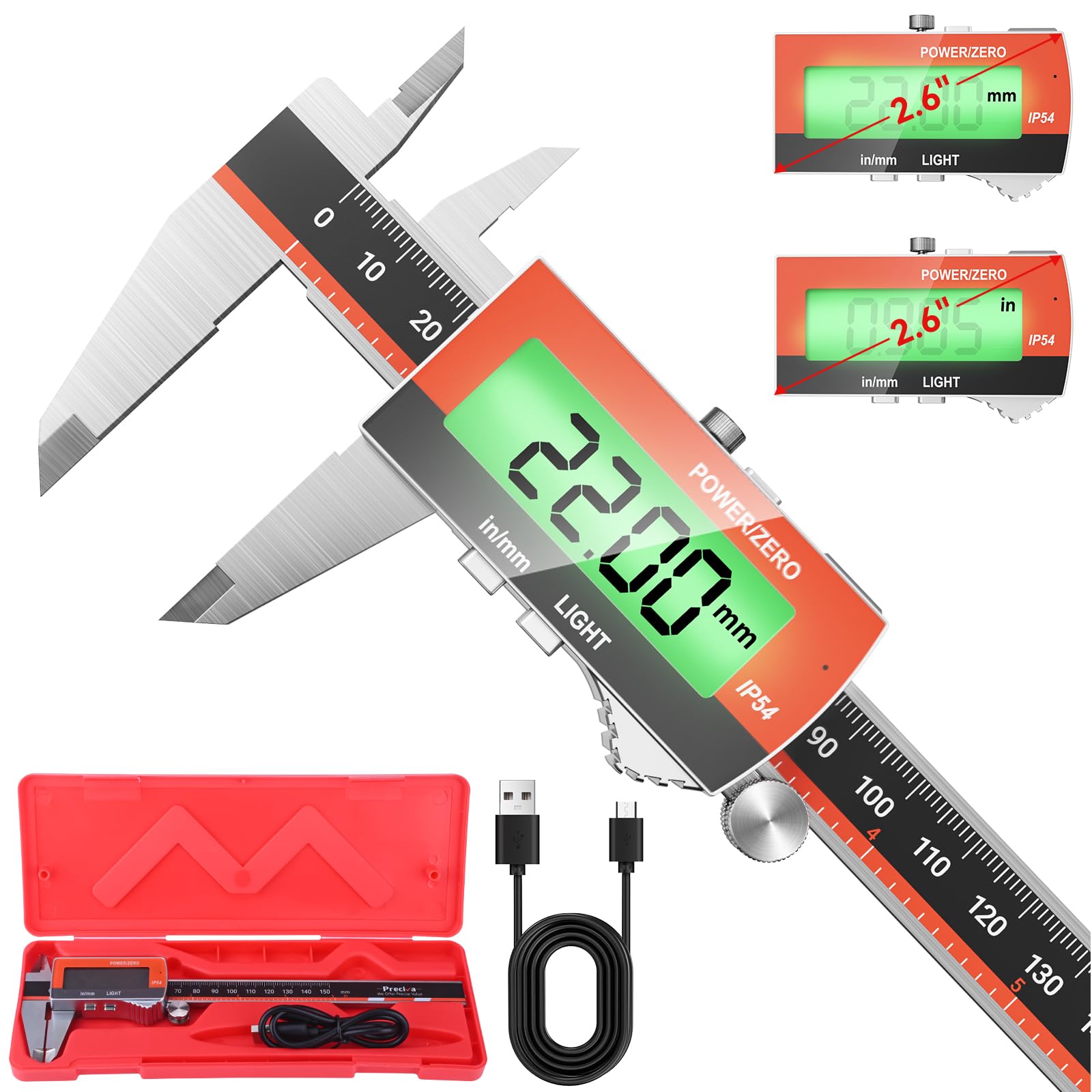 Preciva Pied à Coulisse Numérique Rechargeable avec Rétroéclairage,150mm Pied a Coulisse Digital, Écran LCD Grand, Étanche IP54, Conversion Mm/Pouce - Pied à Coulisse Numérique de Précision