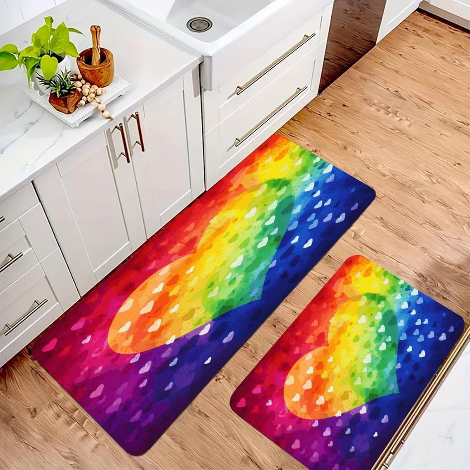 Colorful Rainbow Love Heart Kitchen Mat Set of 2 Ergonomic Comfort Velvet Rugs Cushioned Anti-Fatigue Non-Slip Standing Mats Thick Kitchen Floor Mat Carpet Runner Rugs 16"×24"+17"×47"