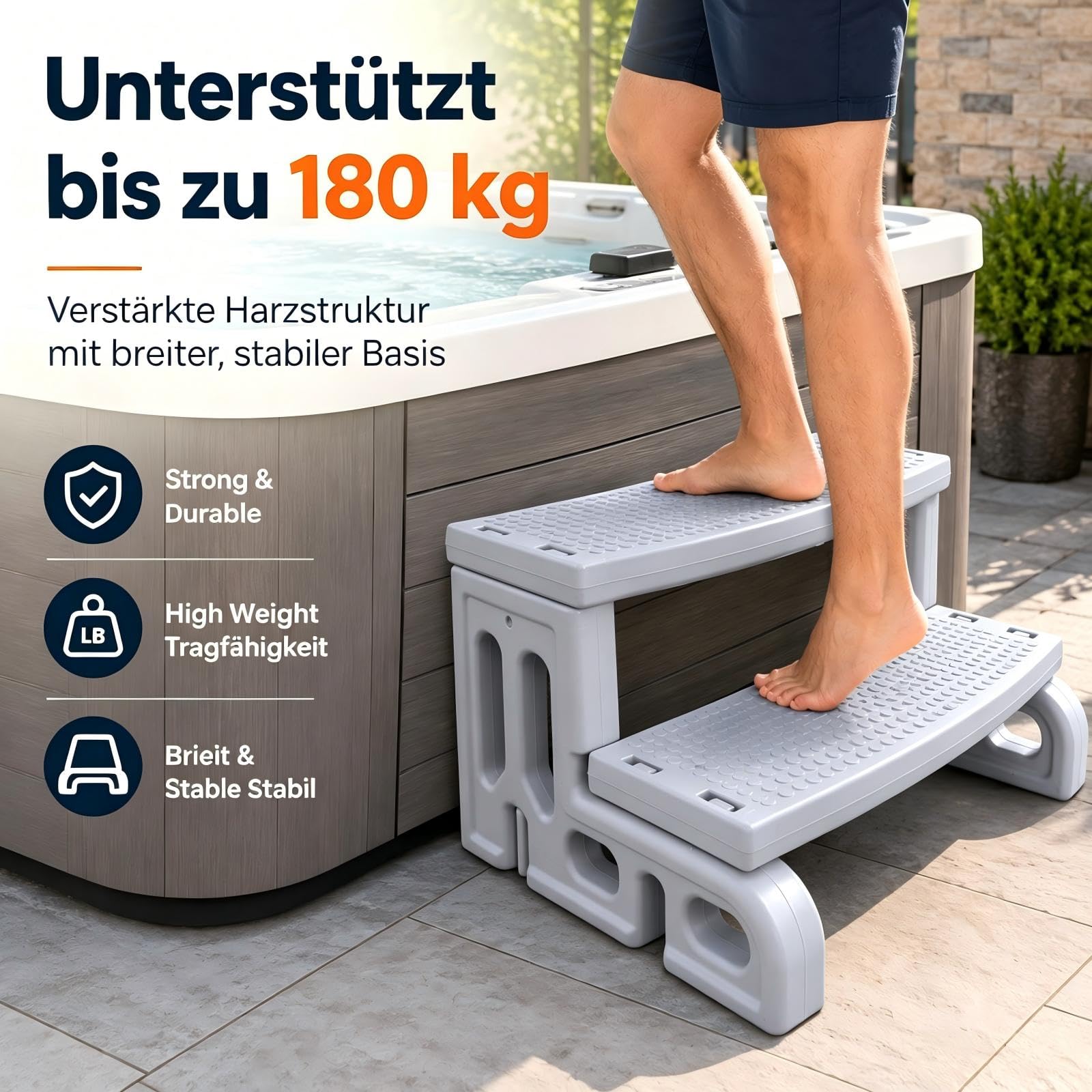 Whirlpool Treppe, 2 Stufen rutschfeste tragbare Universal Whirlpool Treppe aus Kunststoff für den Außenbereich, geeignet für Badewanne, Whirlpool, Wohnwagen, Wohnmobil, Terrasse