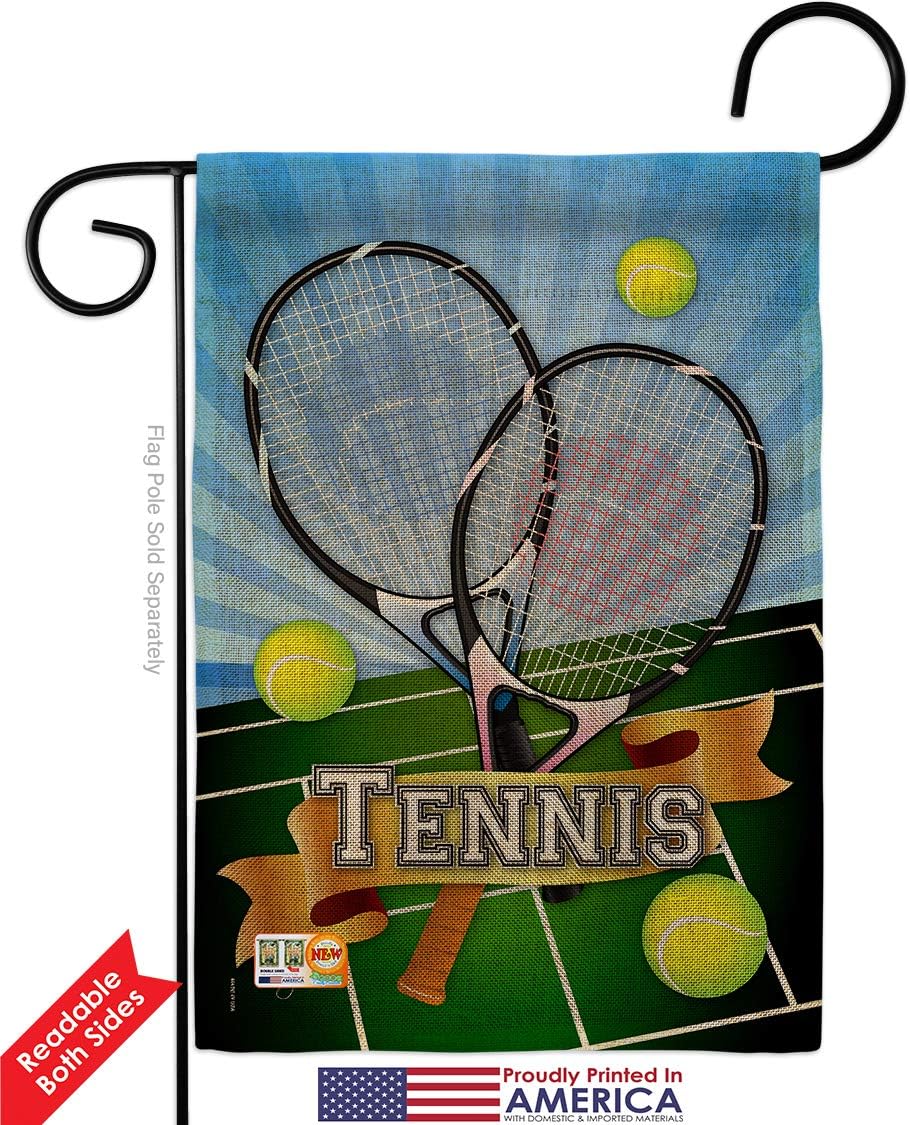Tennis Burlap Garden Flag Sports Raquet Outdoor Ball Court Entertainment Activity Physical Small Decorative Gift Yard House Banner Double-Sided Made In USA 13 X 18.5