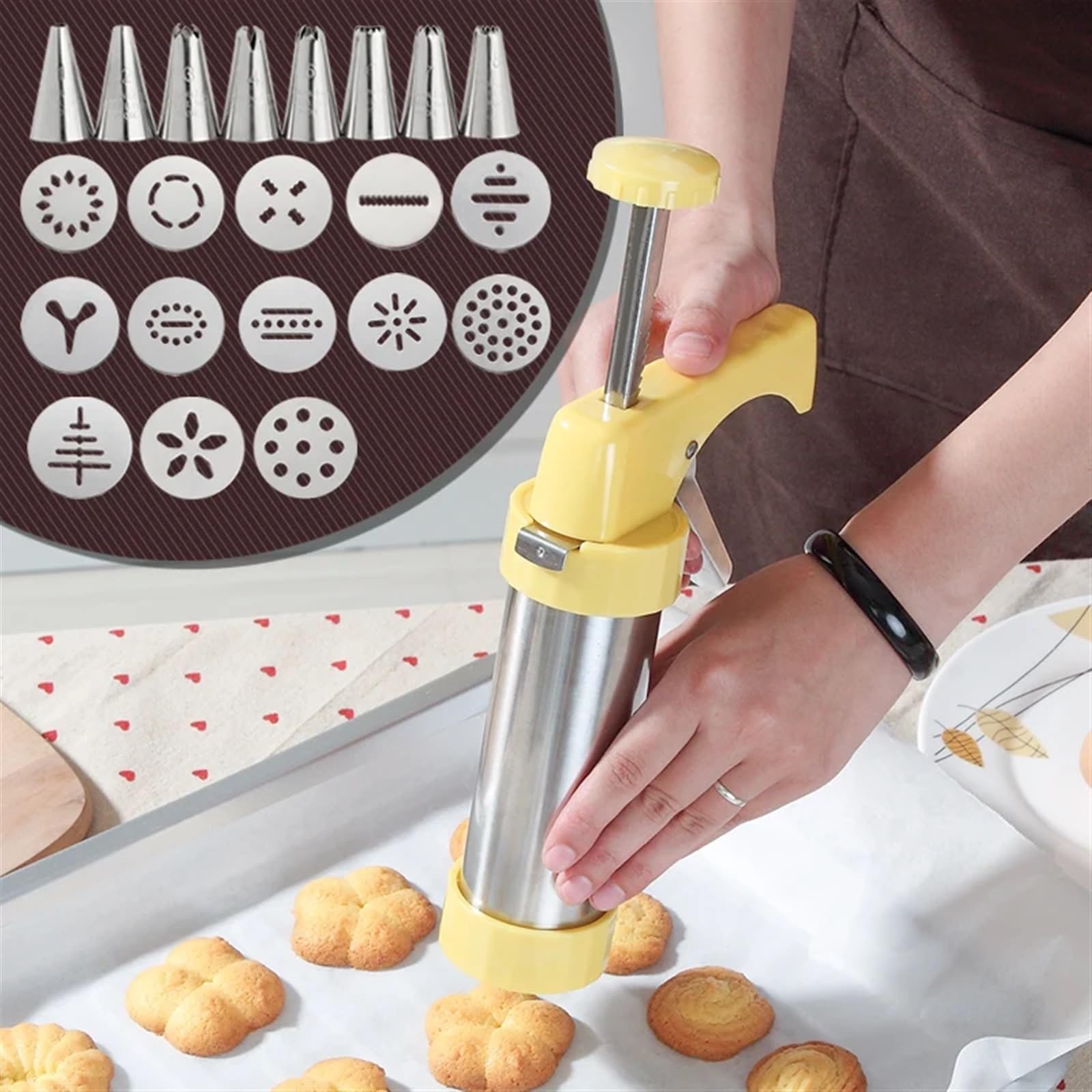 Garnierspritze Edelstahl Cookie Press Kit Machine Cookie Making Cake Decoration 13 Press Molds 8 Pastry Piping Nozzles Cookie Tool Biscuit Maker DIY Backzubehör(Light Grey)