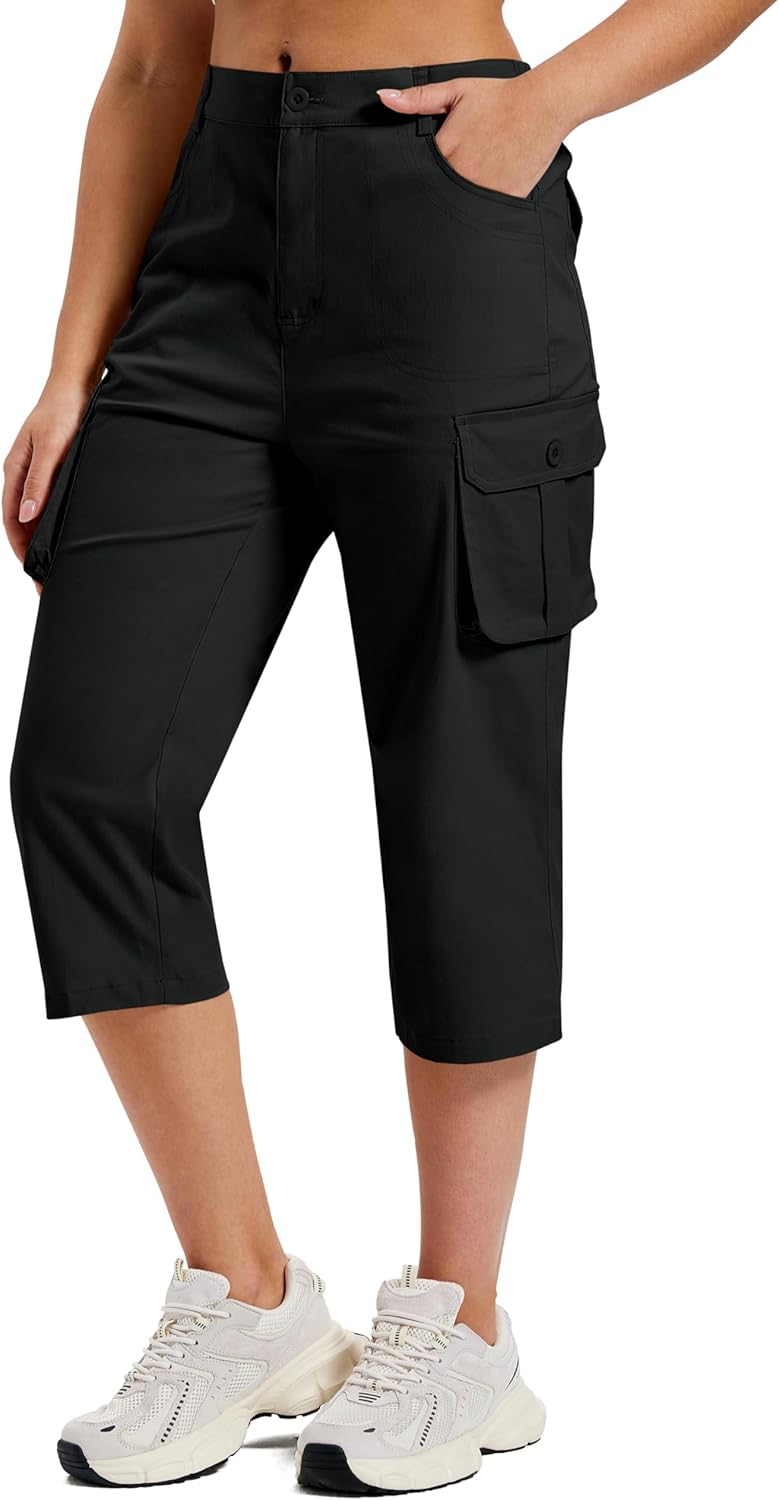 MoFiz Women's Cargo Capris Cotton Pants with Button Pockets Elastic Waist Lightweight Cute Hiking Casual Pant for Summer