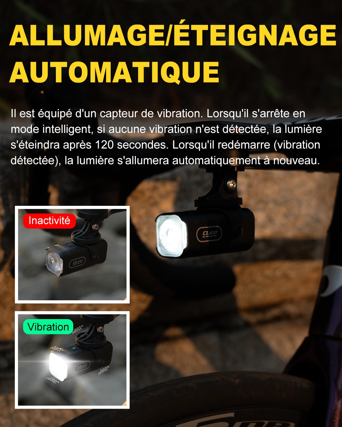 TOWILD CL450 Lampe Avant de Vélo, 450 Lumens Étanche IPX6 Éclairage Vélo USB-C 5 Modes Phares de Cyclisme, Lampe de Vélo Compacte et Légère de 95g Jusqu'à 7 Heures d'autonomie