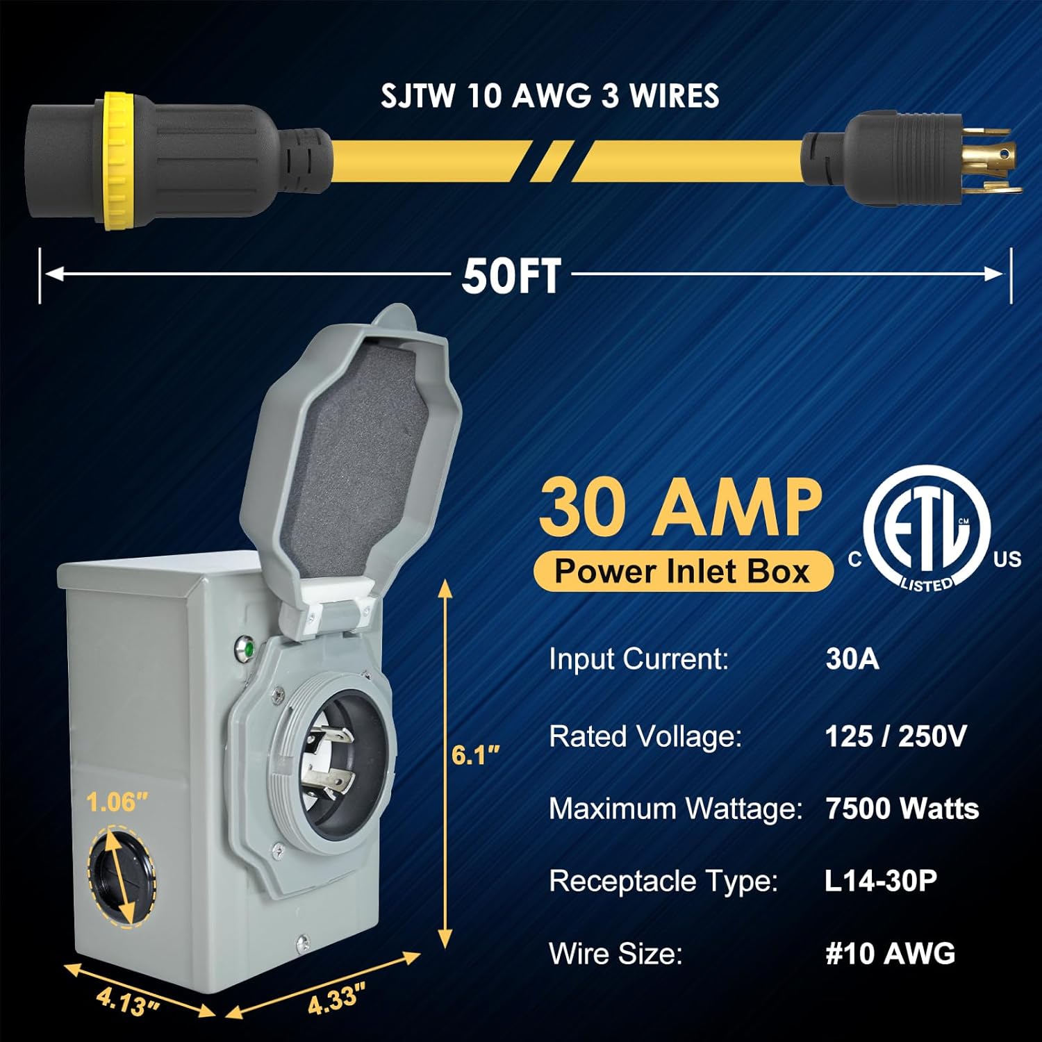 30 Amp 4 Prong Generator Cord and 30 Amp Pre-Drilled Inlet Box Heavy Duty NEMA L14-30 SJTW 125/250V 7500W 10 Gauge House Power ETL Listed 50FT Extension Cord Blackout Emergency Hurricane