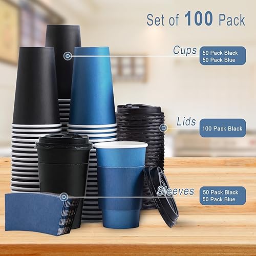 Miniatura 7 de SIUQ Paquete de 100 tazas de café desechables de 16 onzas con tapas y mangas, vasos de papel para bebidas calientes y frías, café, agua, chocolate