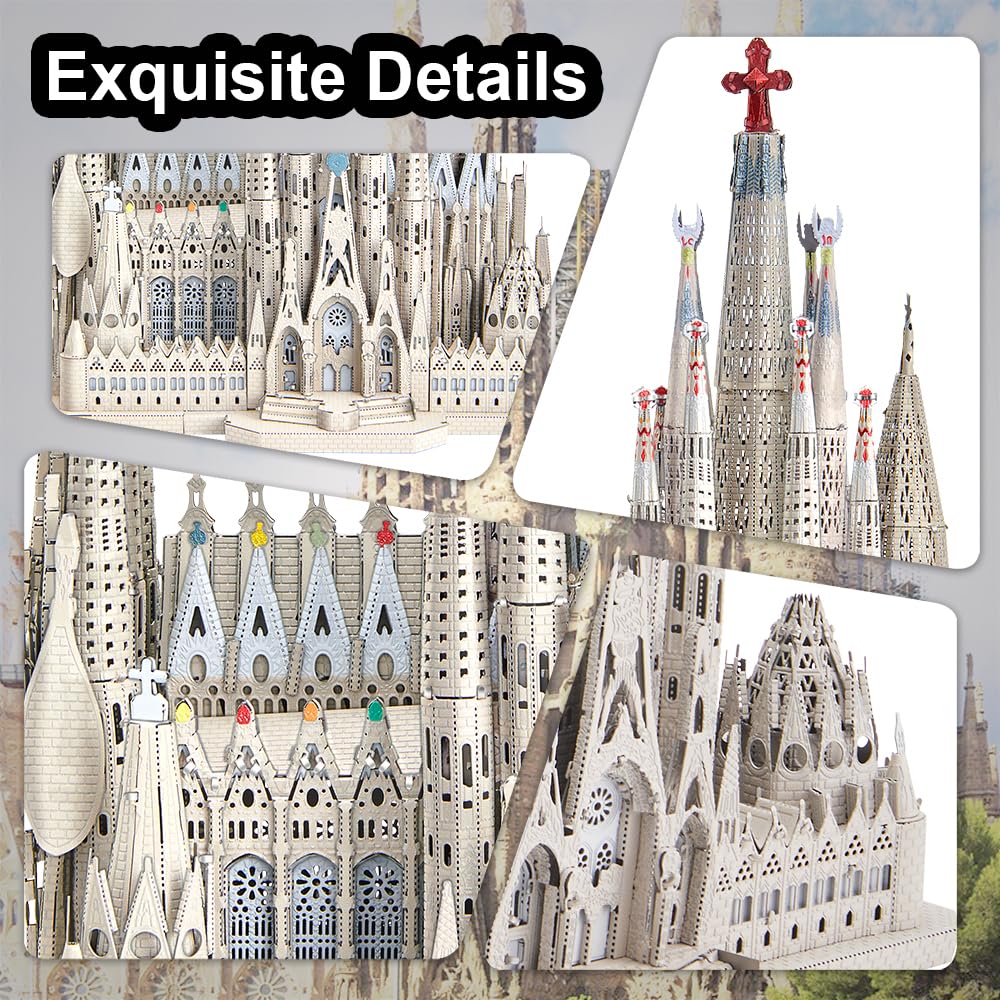 Piececool Architecture Sagrada Familia puzzle 3D, metalowe puzzle 3D, ze stali nierdzewnej 340, cały metal, odtworzenie 1:1, prezent urodzinowy, zestaw modelarski dla dorosłych, 450 elementów