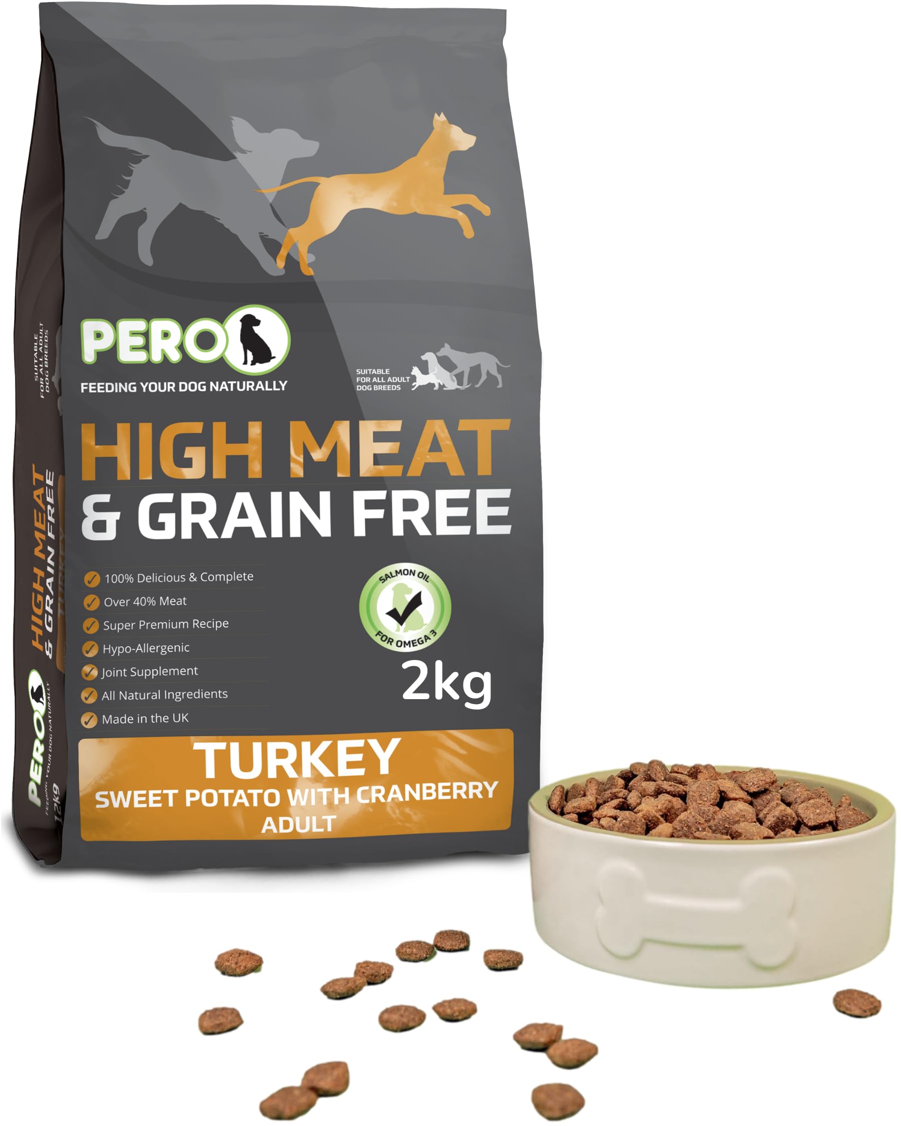 Pero High Meat & Grain Free Dog Food – Turkey & Sweet Potato with Cranberry – 39% Turkey, Grain Free, Sensitive Digestion, Joint Care (2kg)