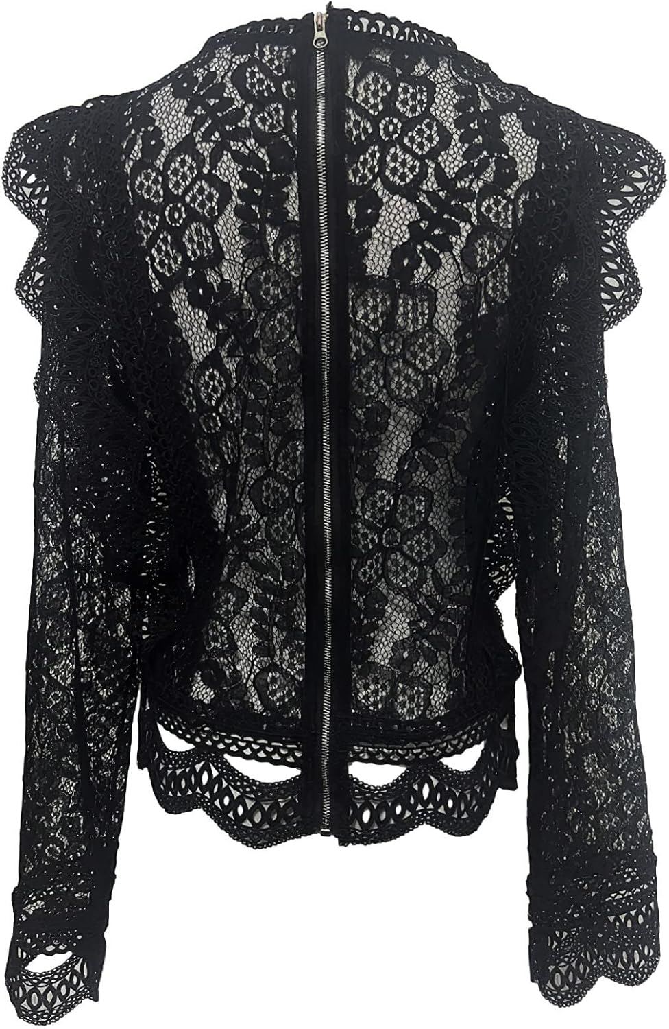 Women's Hollowed Lace Blouse Soft Long Sleeves Ruffle Trim Elegant Shirt Tops - Image 5