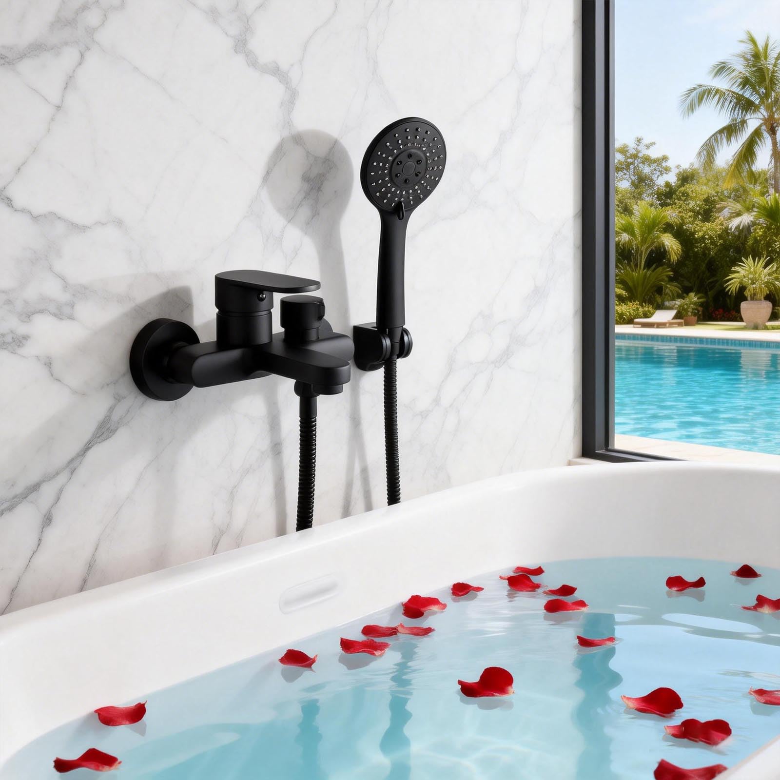 Conjunto de grifería para bañera negro con ducha de mano, grifería para bañera con cabezal de ducha de 3 funciones, manguera de PVC de 1,5 m, montaje en pared de 15 cm y boquilla anti-atasco, juego de