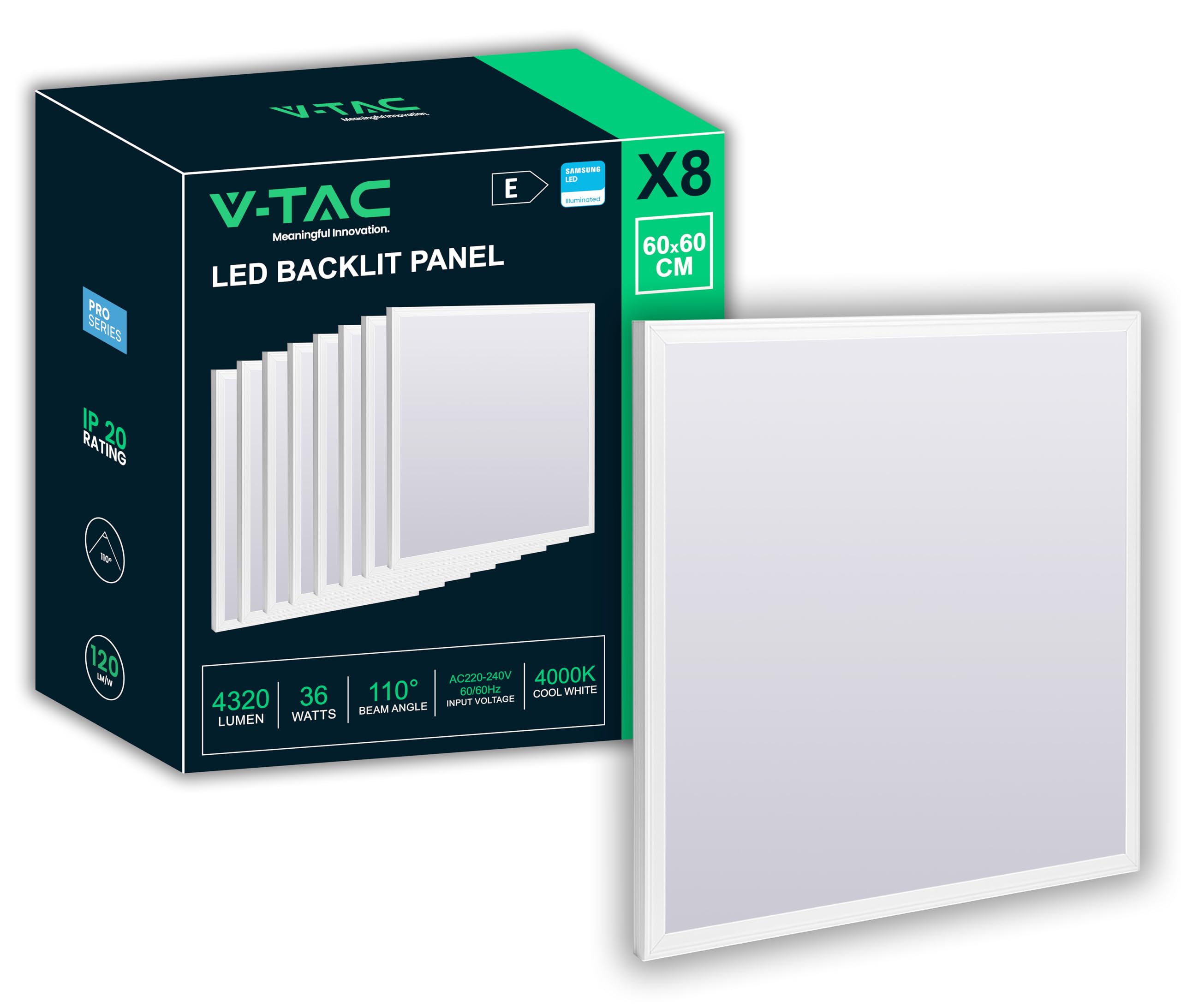 V-TAC 8x Pannelli LED da Incasso 36W - Chip Samsung - Lampada Quadrata 60x60 cm - 4320 Lumen - IP20 - per Soffitto, Ufficio, Casa, Negozio - Plafoniera - Luce 4000K Bianca Naturale