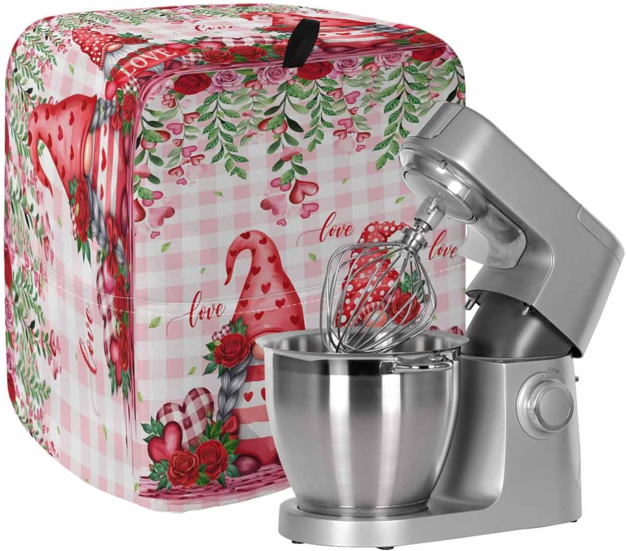 Red Gnomes Stand Mixer Cover with Storage Pocket, Waterproof Kitchen Mixer Covers, Valentine Roses Love Leaves Pink Plaid Kitchen Appliance Dust Cover Compatible with 5-8 Quart Mixers