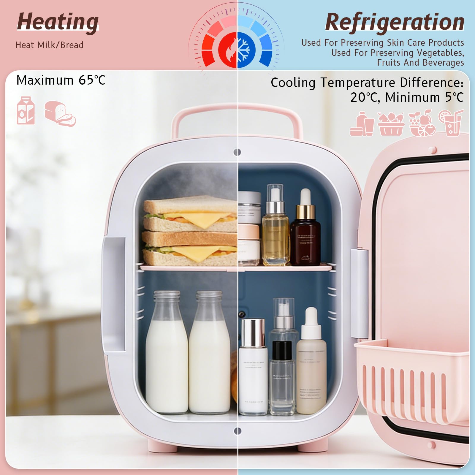 Mini Réfrigérateur 6L, Mini Frigo Cosmétique avec Miroir LED, Portable Thermoelectrique Chauffe & Refroidisseur, AC/DC pour Chambre, Soins de la Peau, Boissons, Bureau, Dortoir et Voiture (Rose)
