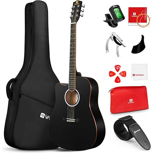 Vangoa Left Handed Guitar, Full Size Cutaway Left Handed Acoustic Guitar Kit for Adult Beginner 41 Inch Lefty Acustica Guitarra Set, Black