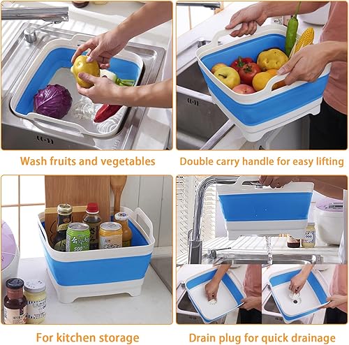 Miniatura 5 de Lavaplatos plegable de 2.4 galones (9L) con tapón de drenaje, para exteriores, multiuso, ahorro de espacio, bandeja de almacenamiento de cocina para