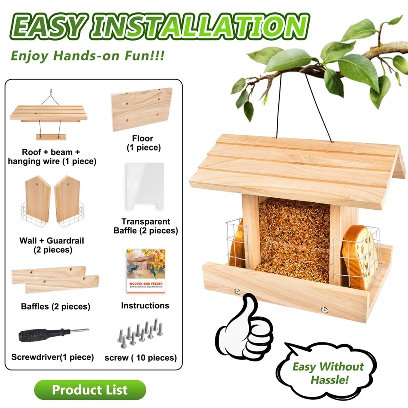 Alimentación de Aves Comedero for pájaros de Gran Capacidad, de Madera, Adecuado for Diferentes Jardines y Patios, Mesa de alimentación for pájaros, fácil de Limpiar, 1 ud.