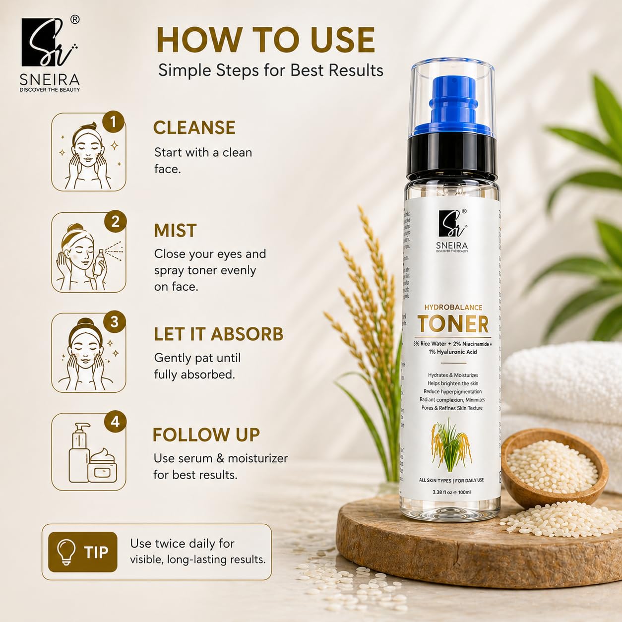 Hydrobalance Face Toner - 300ml Hydrating Face Mist with 3% Rice Water, 2% Niacinamide & 1% Hyaluronic Acid for Glowing Skin - Daily Facial Toner for Men & Women