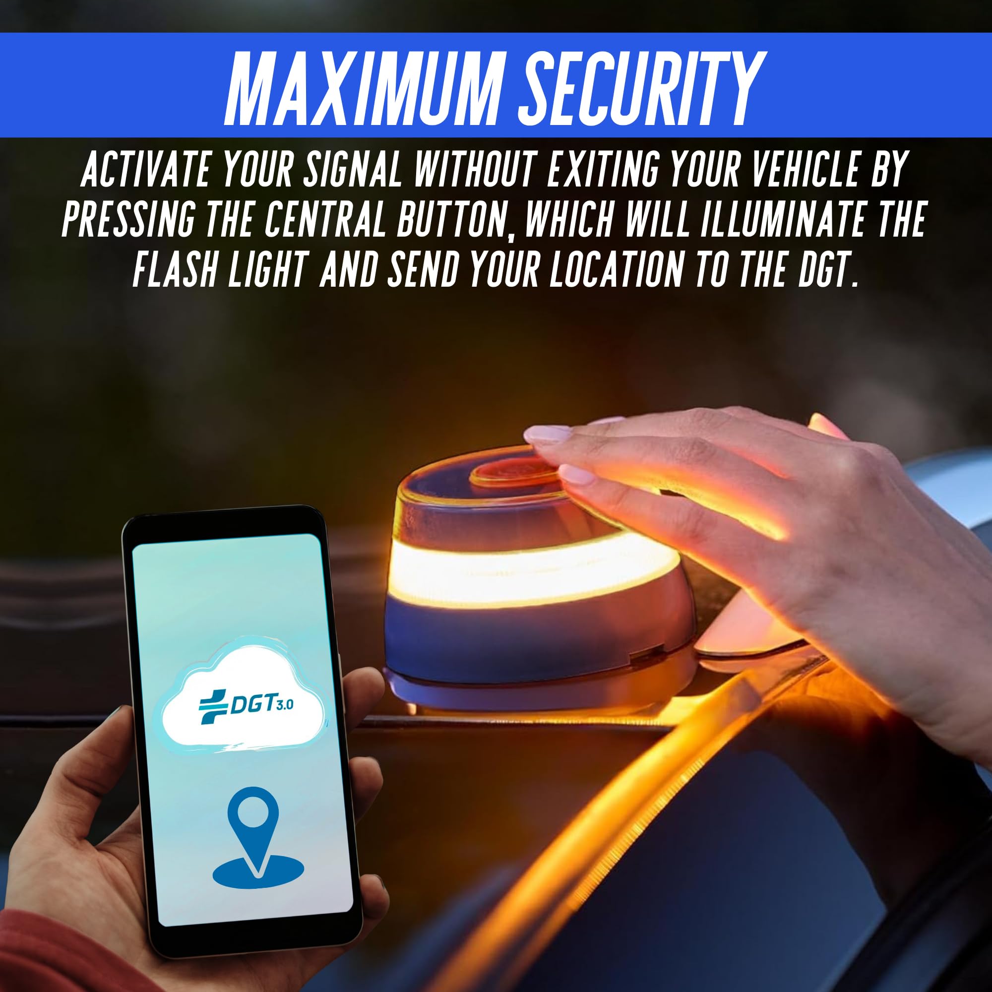 MAGIC SELECT 4X Luz Emergencia V16 Homologada por DGT con Geolocalización para Señalización en Carretera de Vehículo, Coche y Moto. Base Imantada, 3 Pilas AA Incluidas.