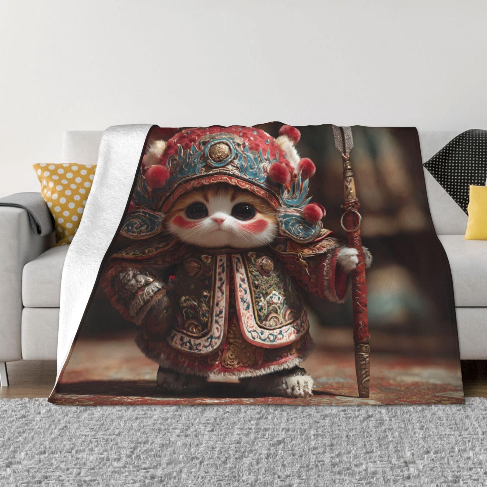 Manta de viaje portátil de 80 x 60 pulgadas, suave, resistente a las arrugas, plegable, exquisito estampado de gatito de pie