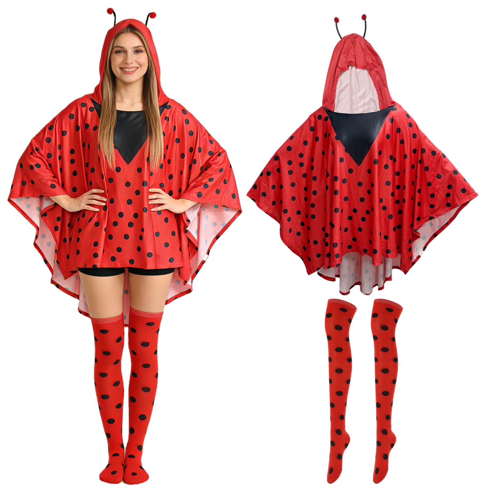 Beafaeur Ladybird Costume Women's Fancy Dress Costume Ladybird Cape Adult Red Antenna Cape and Socks for Carnival Party Cosplay