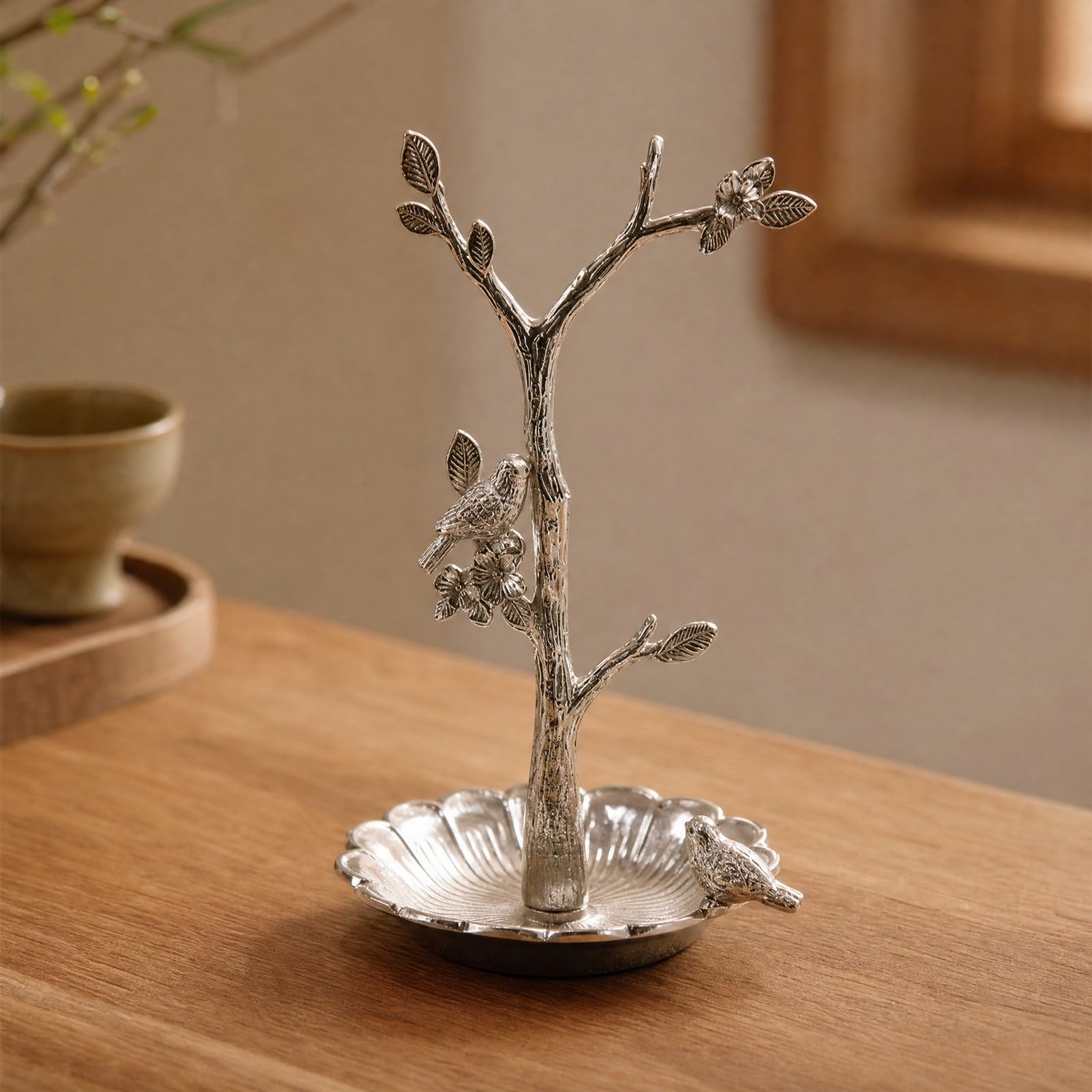 KESOTO Bandeja Organizadora Joyas Metal Decorativo Bandeja con Diseño Pájaro y Ramas Floral Soporte Joyería en Forma para Cómoda