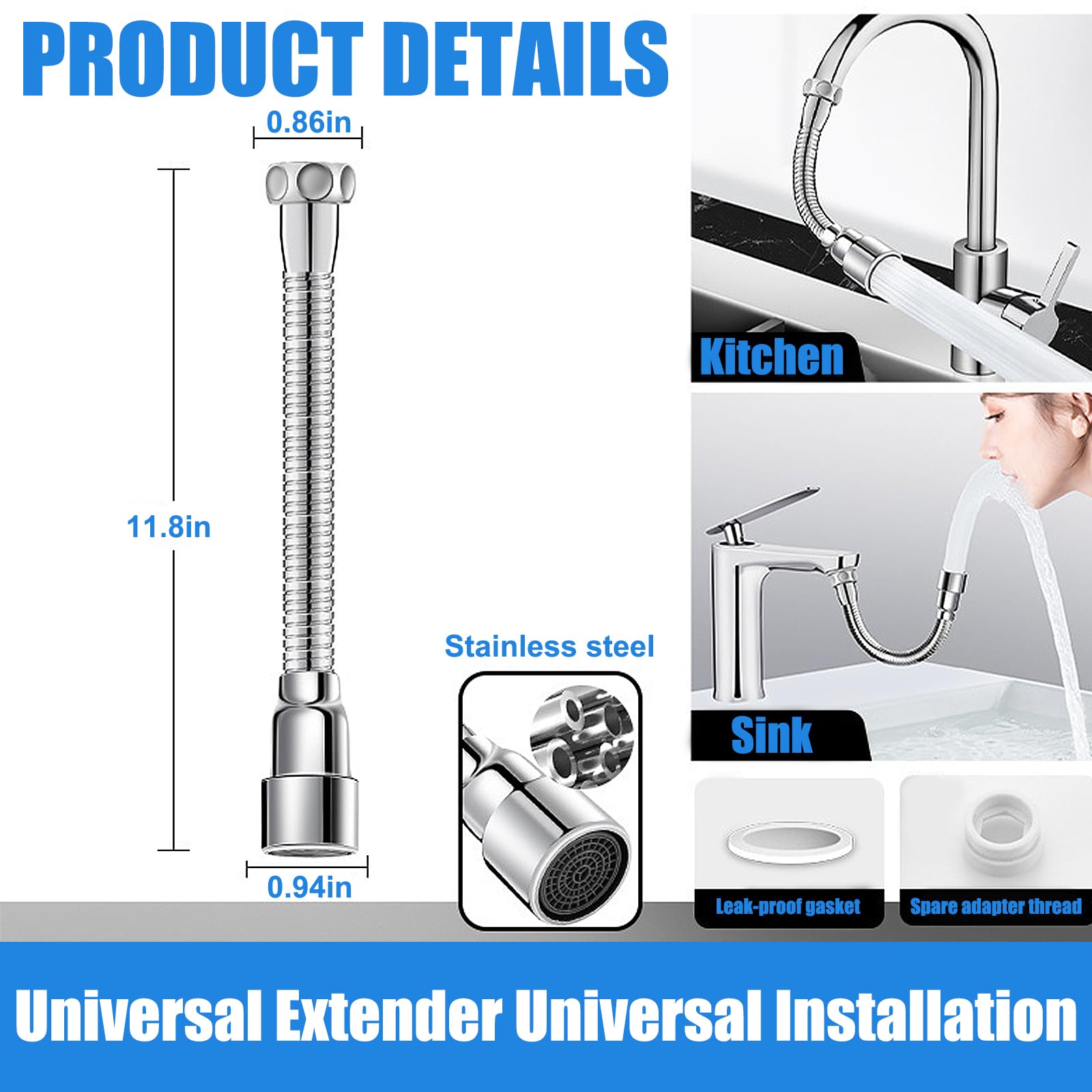 Extensor Grifo, Extensión de Grifo Cocina 30 cm Inoxidable, Extensor de Tap Giratorio de 720° Grados, Con Adaptador de Rosca de Transferencia y Junta Antifugas, para Baños y Cocinas