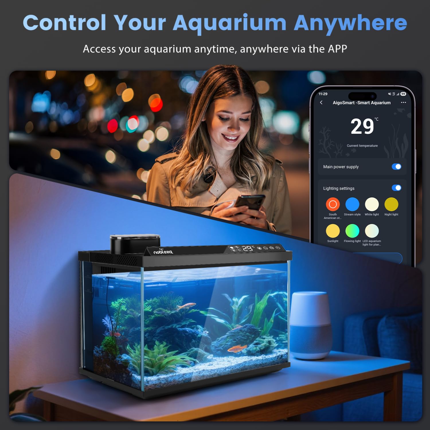 Nobleza Smart Aquarium 30L mit App-Steuerung, 3-Stufen-Filtersystem, EIN-Knopf-Wasserwechsel und Fernfütterung – Intelligentes Aquarium Komplettset