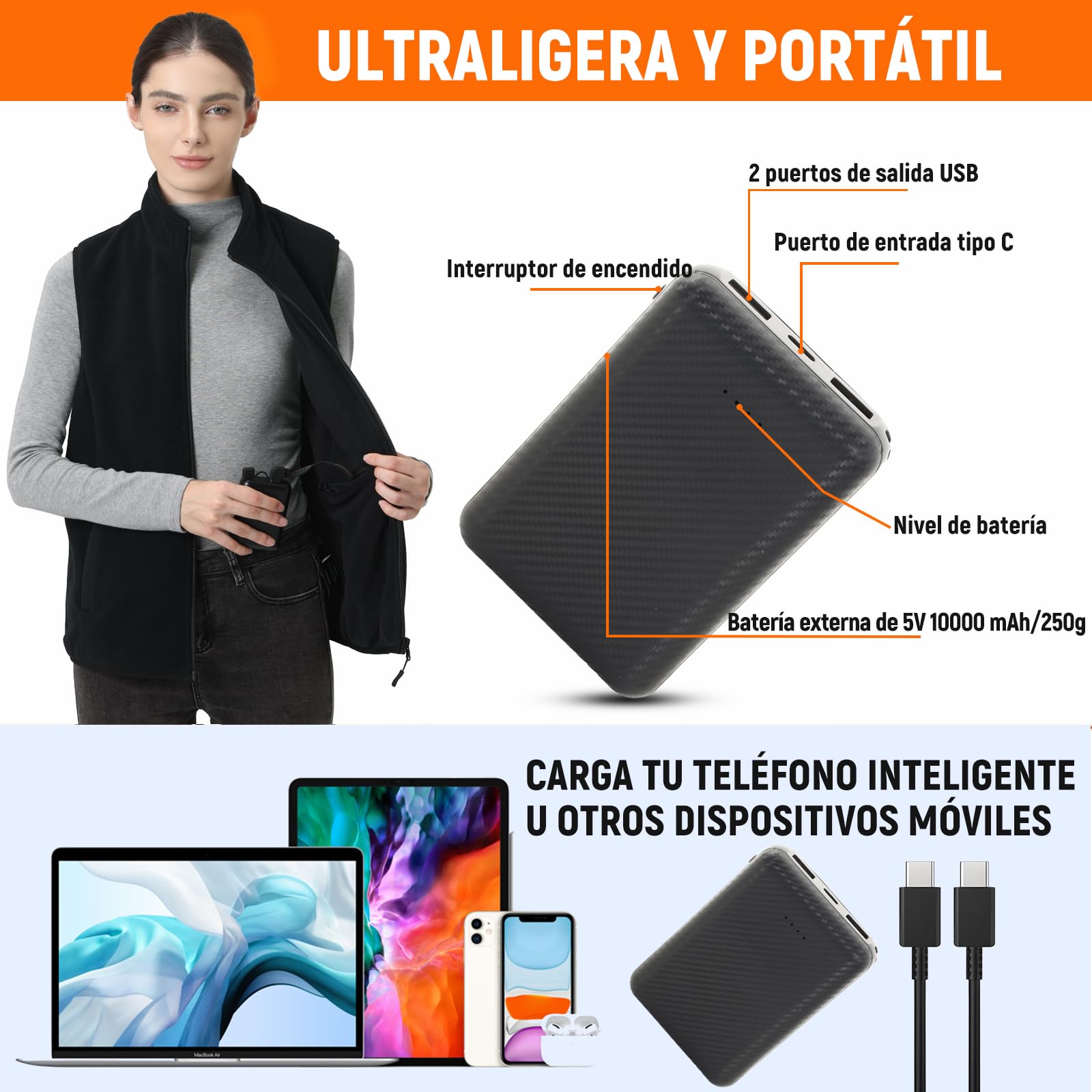 Chaleco Calefactable Mujer: 3 Temperatura Ajustable con 5 Zonas Calefactables, Chaleco Térmico Mujer Equipado con Batería USB de 10000 mAh, Ideal para Acampar Actividades al Aire Libre