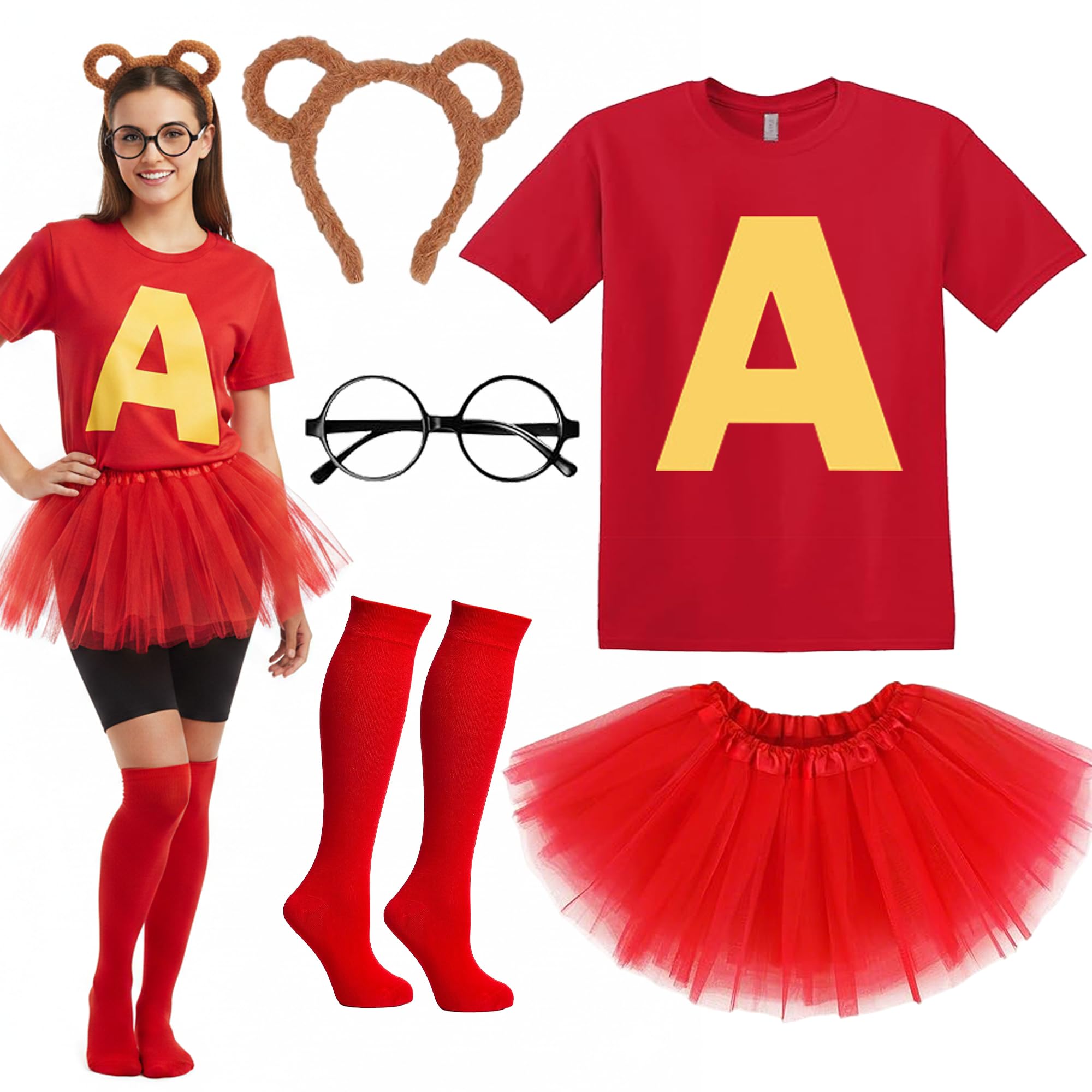 Fictoria Chipmunks Costume Fancy Dress - Red T Shirt Tutu Skirt Knee High Socks Round Glasses and Ear Headband, 5Pcs Animal Cosplay Accessories for Adults Teens Halloween World Book Day (L)