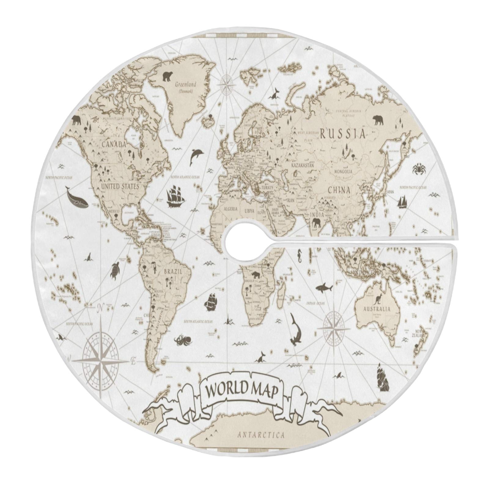 ATTX Vintage World Map Christmas Tree Skirt 47.2 inch Ornaments Xmas Tree Skirts for Christmas Holiday Decoration New Year Party