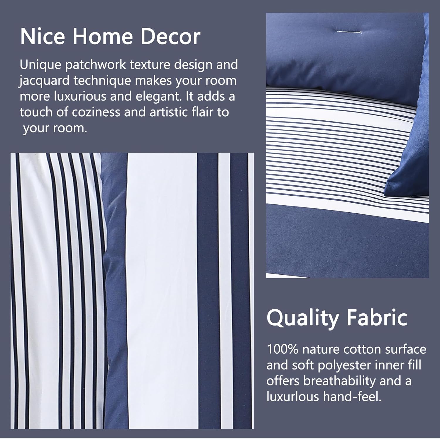 Finlonte Queen Size Comforter Set 6 Pieces, Navy Blue White Striped Bed Set, 100% Cotton Luxury Fluffy Cozy Comforter with 2 Pillow Shams and 3 Decor Pillow Cover, Modern Quilted Bedding All Season