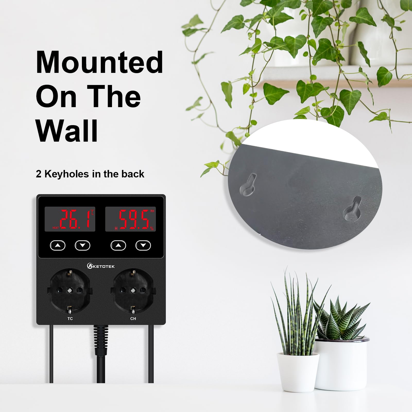 KETOTEK Enchufe con Higrostato Termostato con Sonda, Controlador de Humedad y Temperatura Regulador Digital 220V con Alarma para Terrario Reptil Invernadero Incubadora Humidificador Deshumidificador