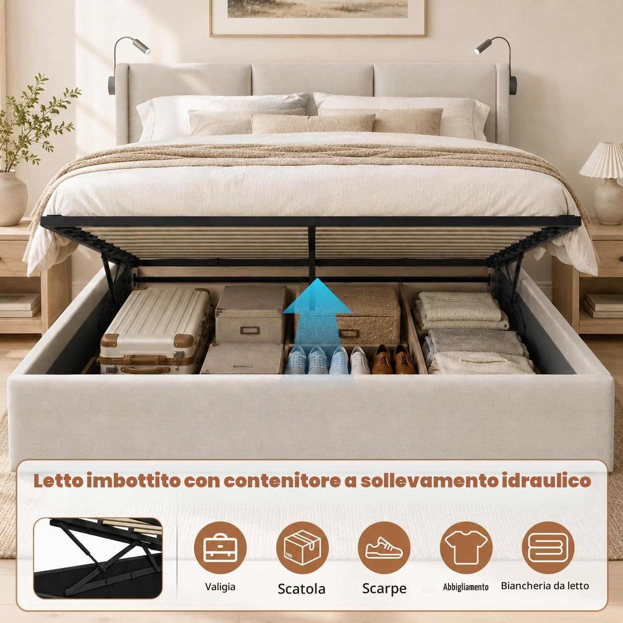 PerGar Letto contenitore matrimoniale 160x200 cm, Letto baule con luce di lettura, testiera doppia, Struttura Letto King Size con Alzata a Gas Idraulica, Letto Imbottito, senza materasso,lino, beige