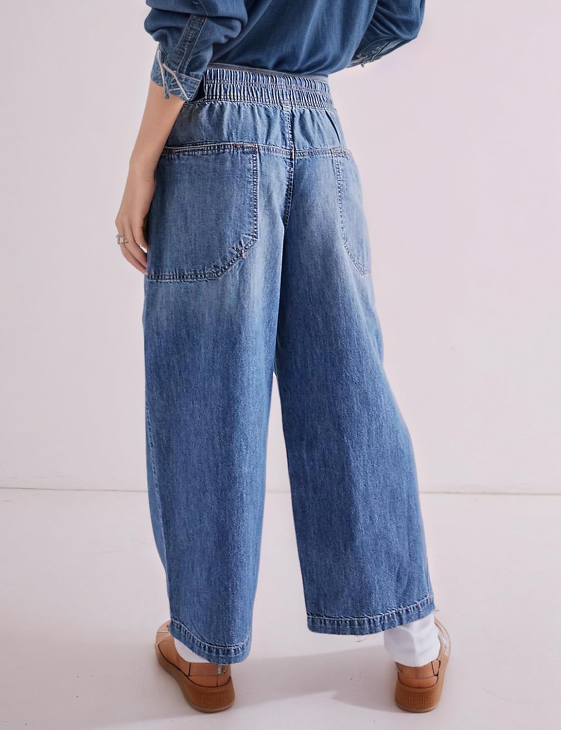 Womens Mid Rise Wide Leg Jeans Drawstring Ankle Baggy Casual Elastic Fashion Boyfriend Denim Pants with Pockets - Image 2