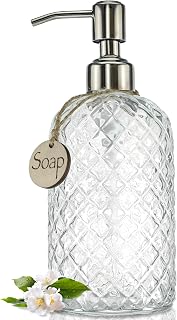 JASAI 18oz Gem Patterned Clear Glass Soap Dispenser with Rust-Proof Stainless Steel Pump - Kitchen Bathroom Refillable Dispenser