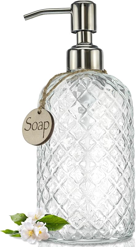 18Oz Gem Patterned Clear Glass Soap Dispenser with Rust Proof Pump | Refillable Hand soap Dispenser for Kitchen, Premium Bathroom Soap Dispenser for Dish Soap, Hand soap, Lotion(Clear)