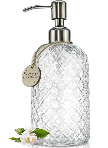 JASAI 18Oz Gem Patterned Clear Glass Soap Dispenser with Rust Proof Pump | Refillable Hand soap Dispenser for Kitchen, Premium Bathroom Soap Dispenser for Dish Soap, Hand soap, Lotion(Clear)