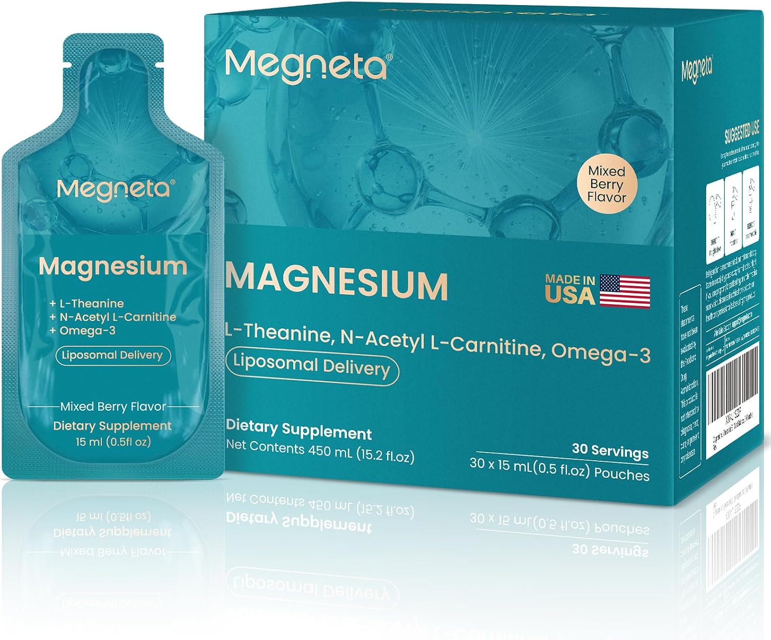 Liquid Magnesium Supplement with L-Theanine, B6 & Omega-3, 15.2 fl oz | Liposomal Magnesium with 500 mg Acetyl L-Carnitine (ALCAR), Memory, Focus, Calm & Sleep Support, Sugar-Free, 30 Pouches