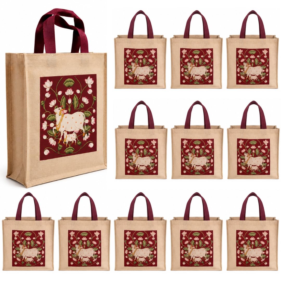 VARU Jute Cotton Return Gift Bags Pichwai Design 12x12x4 Inch Pack of 12