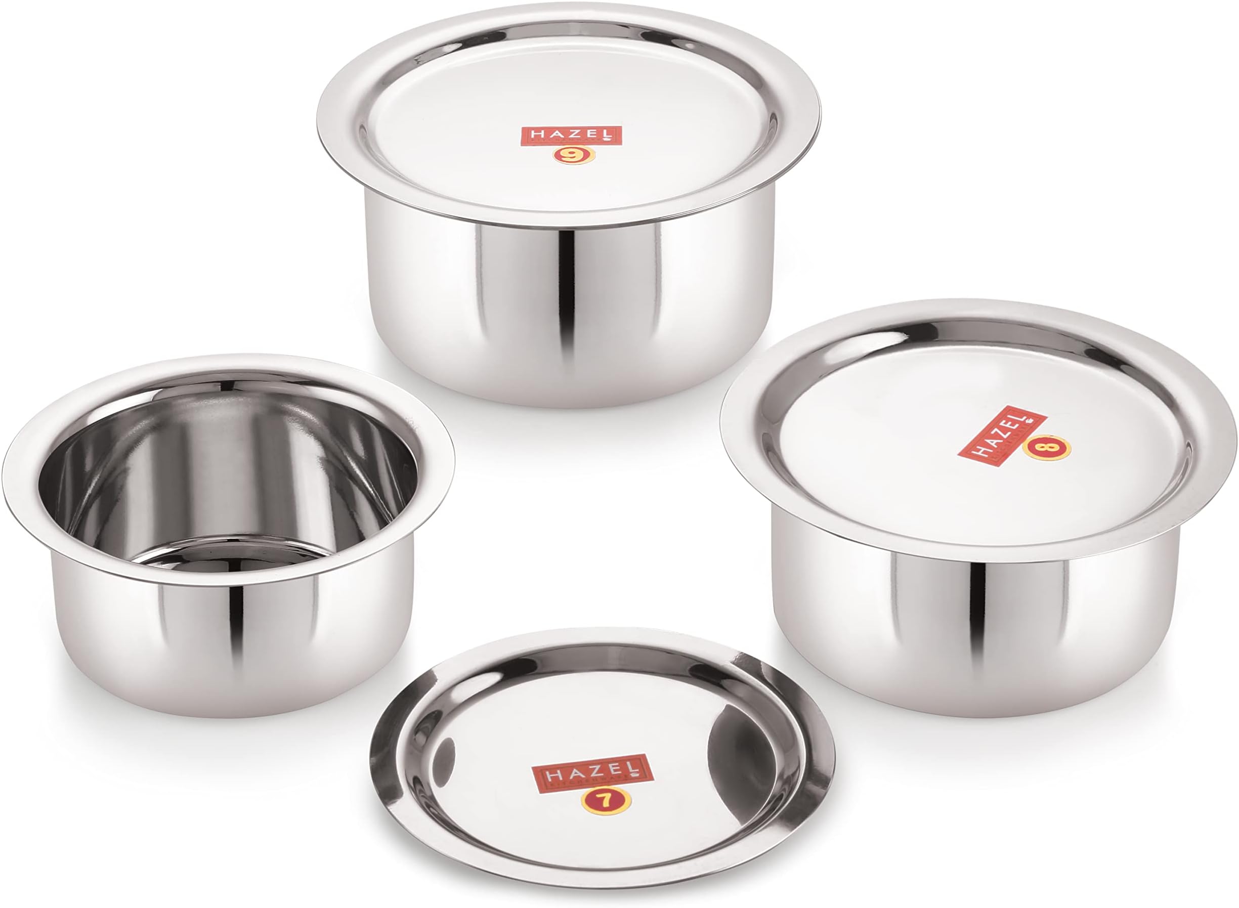 HAZEL Stainless Steel Tope with Lid, Set of 3 | Heavy Gauge Flat Bottom Patila with Lid Combo 300ml, 500ml & 700ml | Durable Boiling Pots for Milk, Tea & Daily Cooking โ Silver