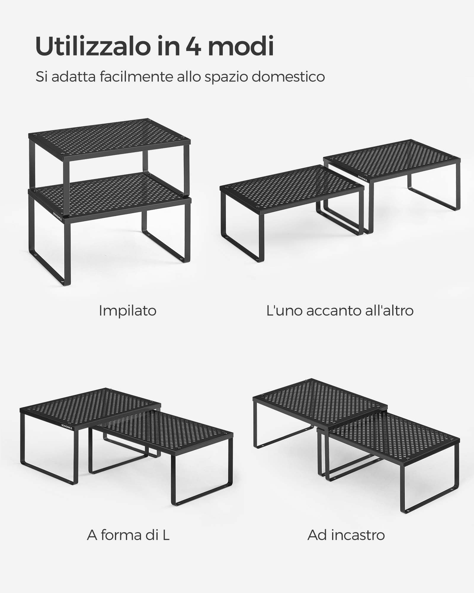 SONGMICS Scaffale Portaspezie, Set di 2 Organizzatori da Cucina Espandibili, Scaffale da Cucina Impilabile, Metallo, Nero Inchiostro KCS001B01