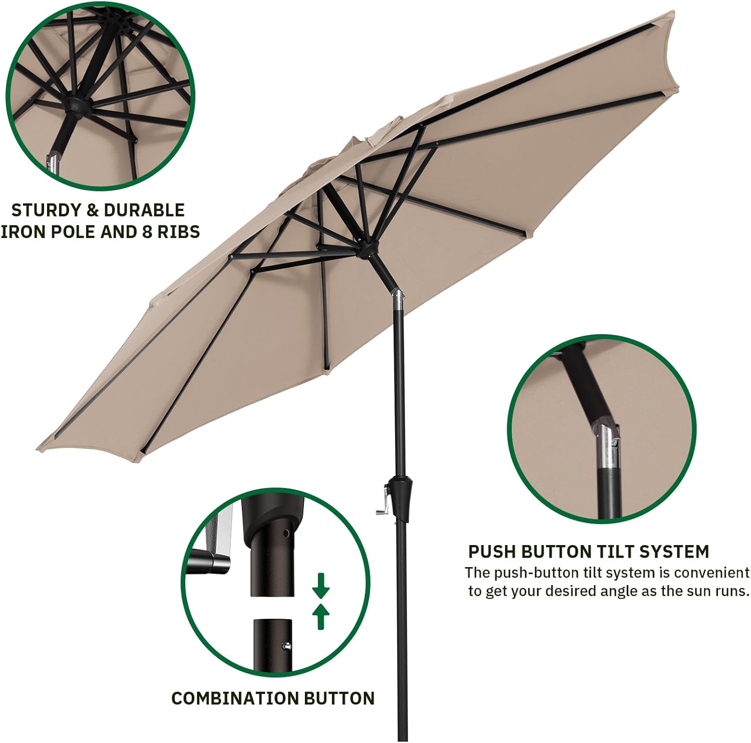 MEWAY 9ft Patio Umbrella Outdoor Table Umbrellas with Push Button Tilt and Crank, Market Umbrella 8 Sturdy Ribs for Deck, Garden, Pool and Backyard, Beige