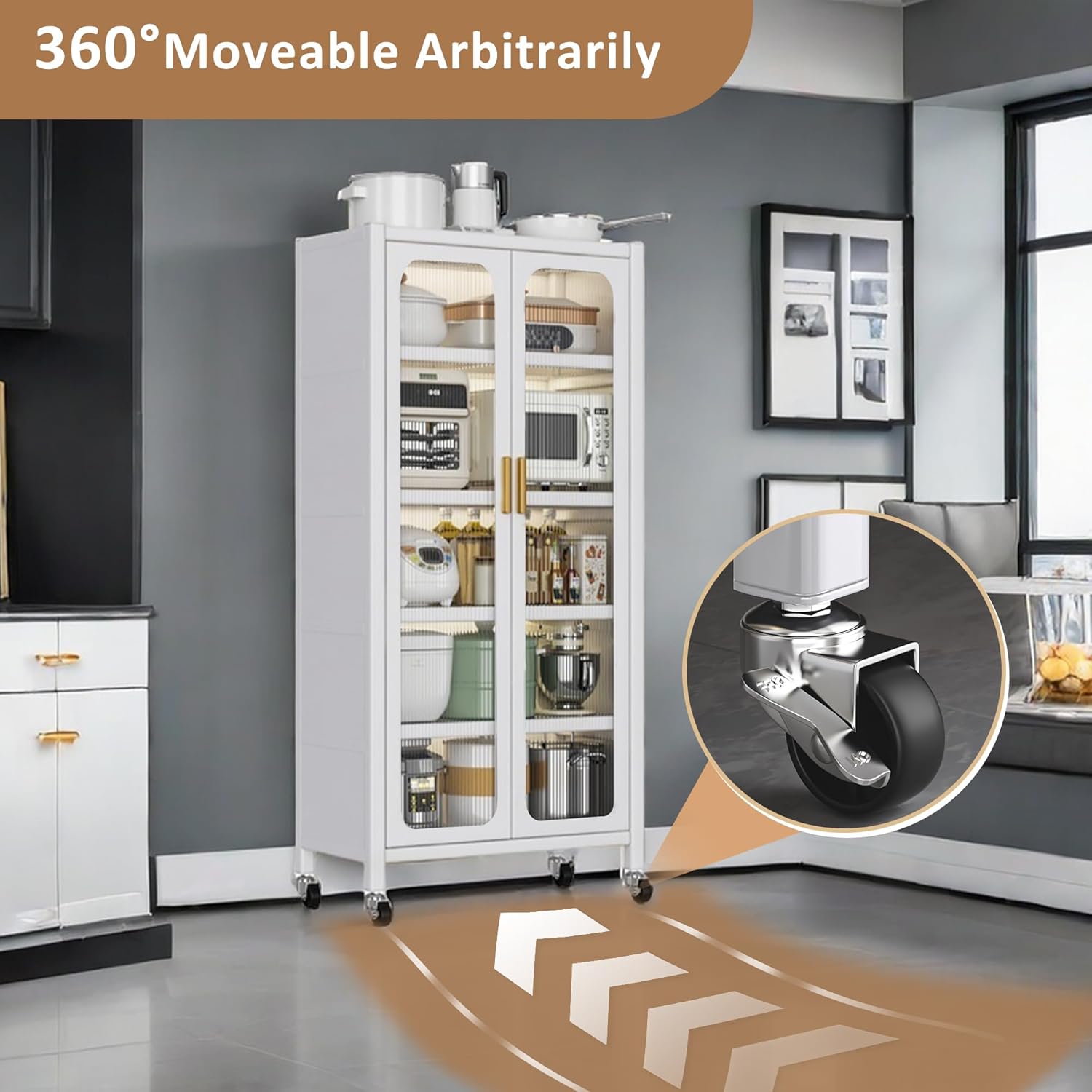 Montary Metal Freestanding Floor Pantry Storage Cabinet with Transparent Doors, 4 Rolling Wheels, 6 Tiers for Kitchen, Living Room, Dining Room, White