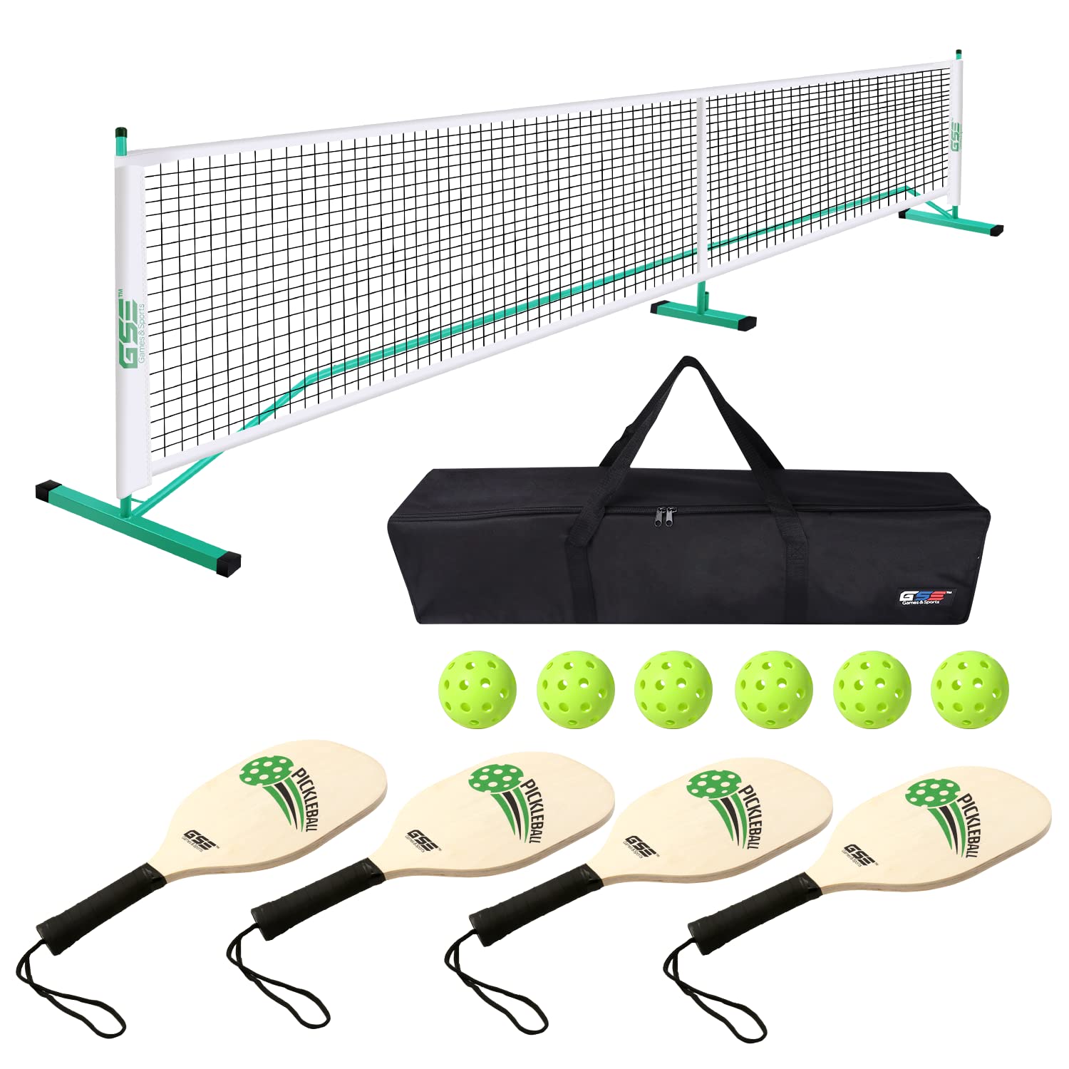 Photo 1 of GSE Portable Pickleball Complete Net Set with Professional Pickleball Net, 4 Pickleball Paddles, 6 Pickleballs, Carrying Bag for Outdoor Green